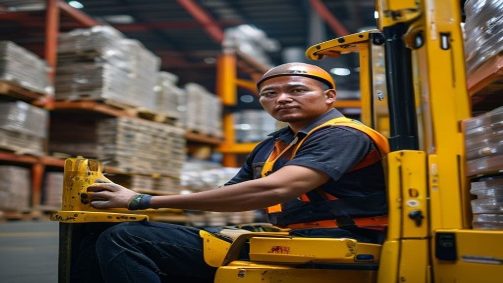 Forklift berwarna kuning bekerja di gudang industri Lampung, mengangkat palet barang berat dengan efisiensi tinggi.