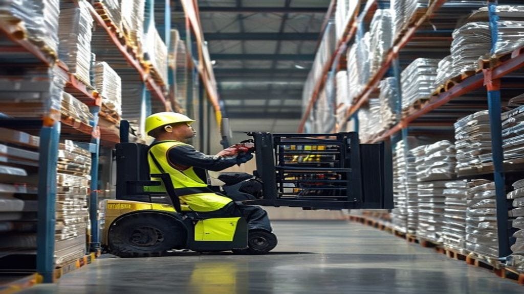 Operator forklift profesional di Lampung mengoperasikan mesin dengan keahlian tinggi untuk efisiensi logistik.
