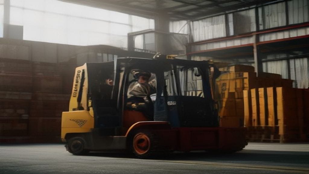 Foto forklift berwarna kuning sedang dioperasikan di gudang industri Lampung, menampilkan layanan sewa forklift profe...
