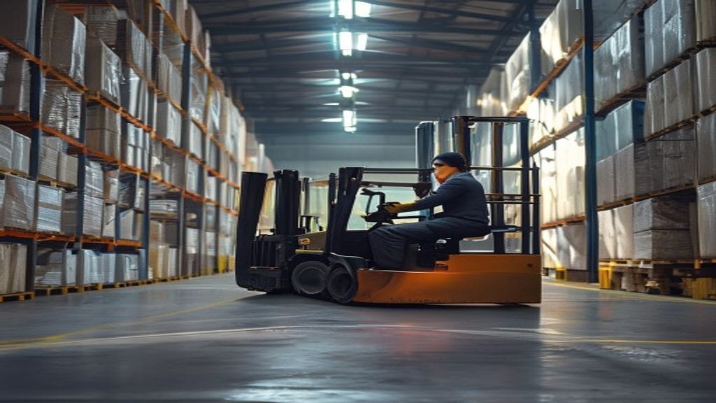 Forklift Metro beroperasi di gudang, menampilkan layanan sewa forklift profesional untuk efisiensi logistik.