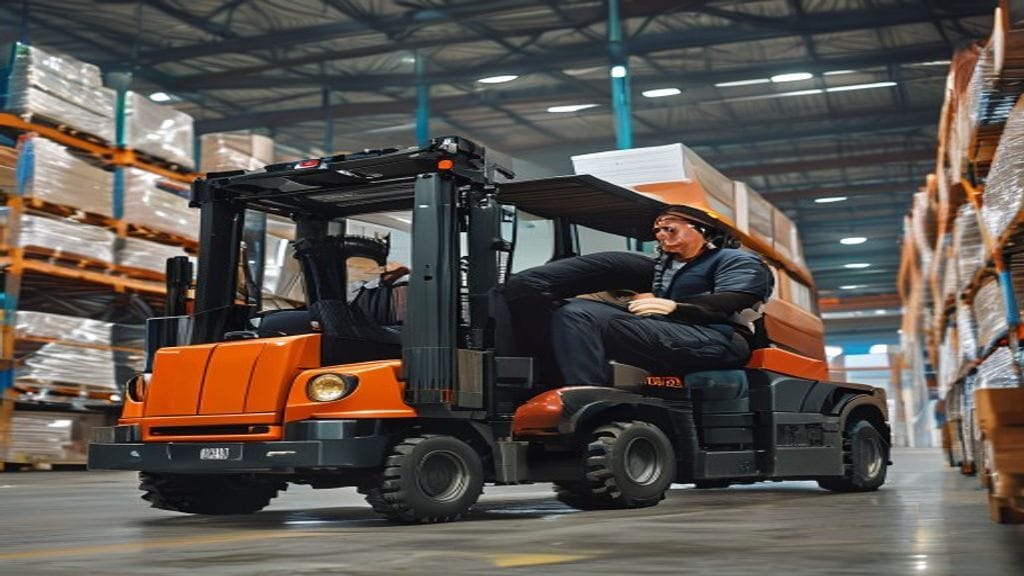 Forklift modern di lokasi proyek di Pesawaran, siap disewa untuk mengangkat material berat dengan efisiensi tinggi.