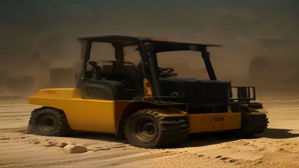 Gambar forklift berwarna kuning sedang dioperasikan di jalur masuk keluar gudang Way Kanan.